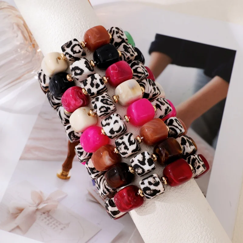 Leopard-Print Color-Blocked Square Stretch Beaded Bracelet—Women's Fall/Winter Jewelry