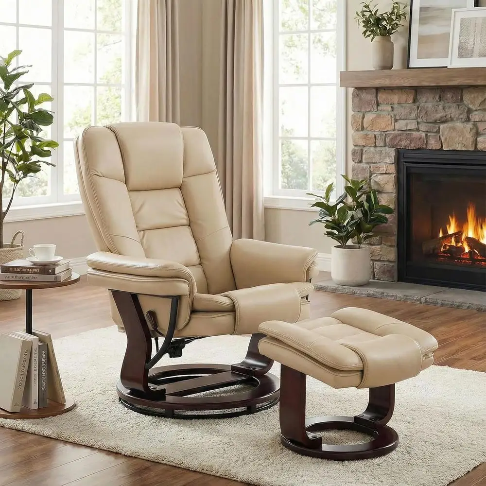 Swivel Recliner Chair with Ottoman, 360° Rotation, Wood Base, PU Leather, Plush Foam Padding, Comfortable Armchair for Living Ro