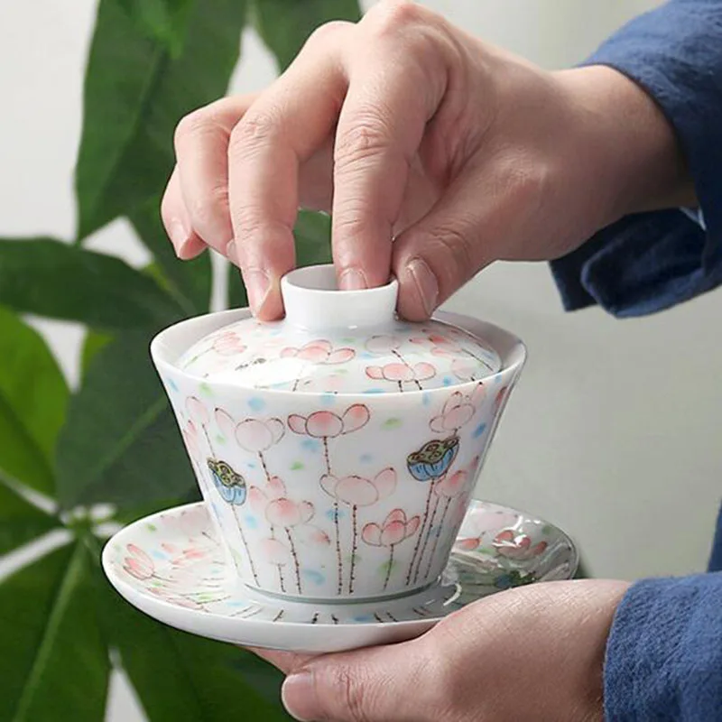 

Porcelain Lotus Pattern Sancai Gaiwan Kungfu Tea Tureen Tea Cup Set Kitchen Teaware Drinking Accessories