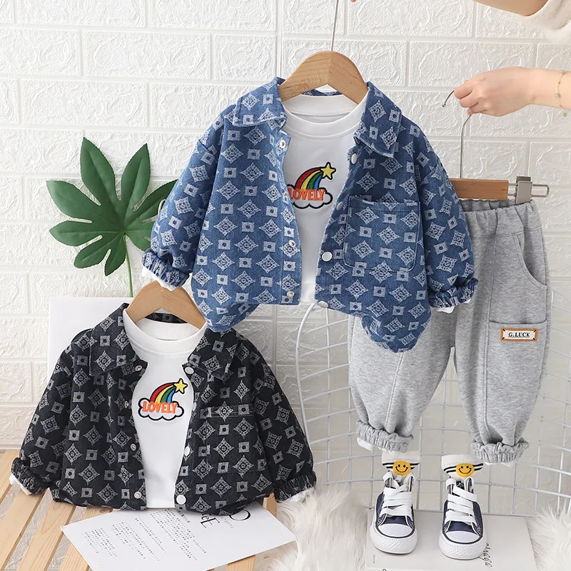 

Toddler Tracksuits 2024 Spring Korean Baby Boy Clothes 2 To 3 Years Denim Jackets + White T-shirts + Pants Kids Boys Outfit Set