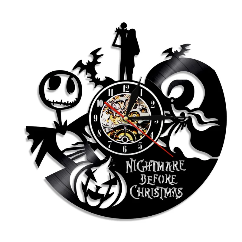 Nightmare Before Christmas Vinyl Record Wall Clock for Home Theater Movie Room Decor Cartoon Characters Halloween Clock Gift Toy