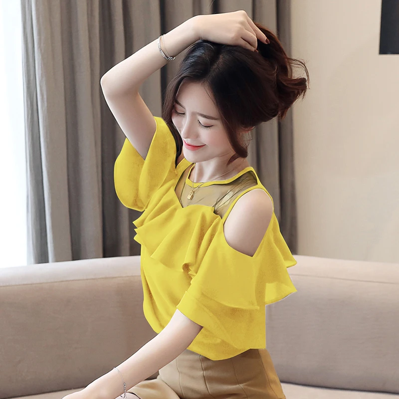 Fashion Short Sleeve White Blouse Summer Chiffon Shirt Casual Off Shoulder Womens Tops and Blouses Female Clothes Blusas 4206 50