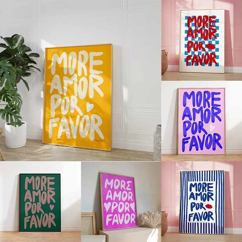 Maximalist More Amor Por Favor Love Quote Wall Art Canvas Painting Eclectic Blue Pink Poster Prints Pics for Modern Home Decor