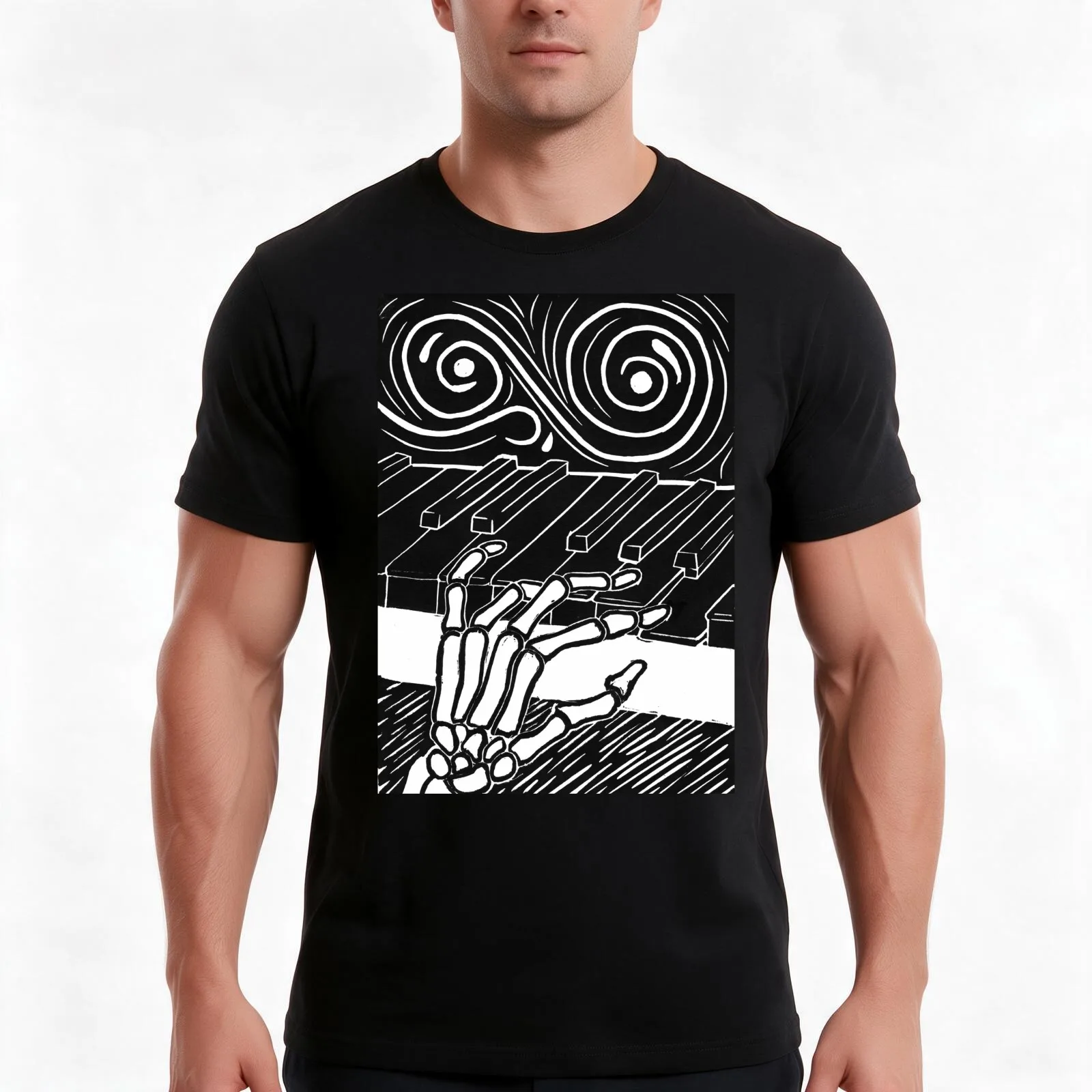 Skeleton Hand Playing Cosmic Piano (Beethoven) T-Shirt, Summer Casual Cotton Tee, Oversized Streetwear Tops, Unisex Men Women