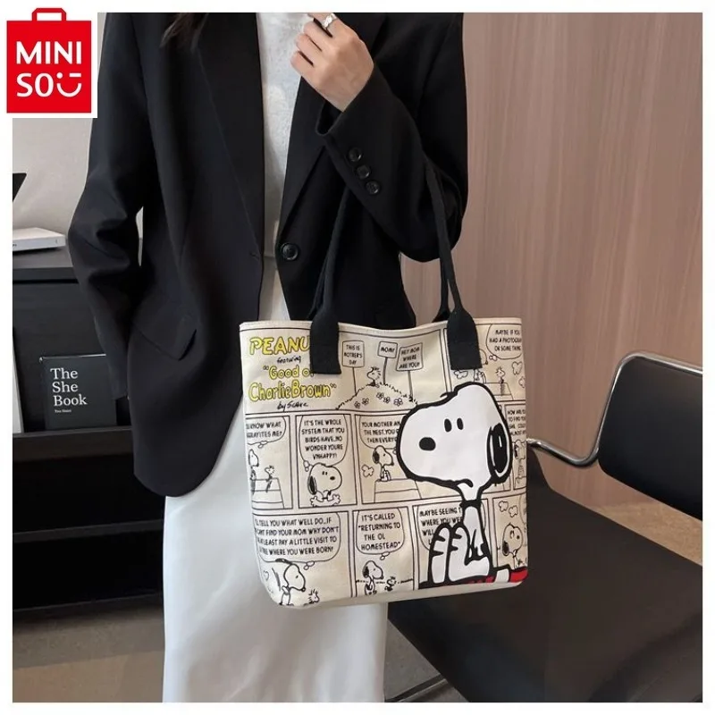 MINISO Large Capacity Canvas Bag 2024 New Cartoon Snoopy Handbag Versatile One Shoulder Tote Bag