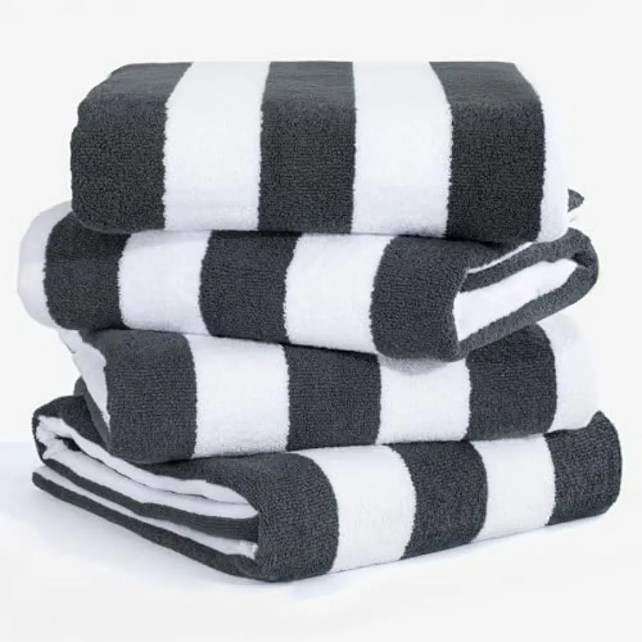 

Beach towels for cabana use, striped cotton-polyester blend, gray, oversized 30x60 inch 4-piece set, quick-drying and sand-free