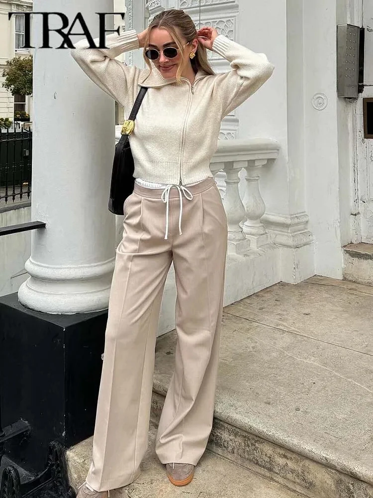 TRAFZA Women Vintage Solid Double Waistband Wide Leg Pants 2024 Zipper Drawstring Casual Trousers Female Streetwear Tied Trouser