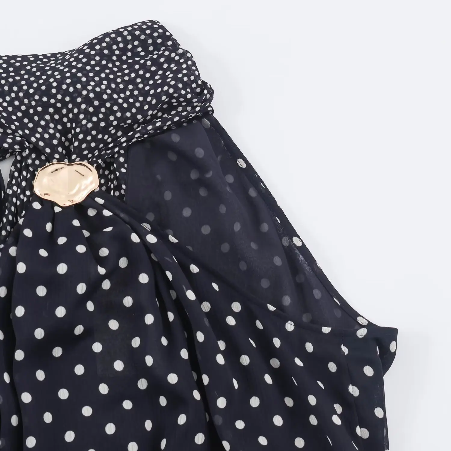 BSAY 2026 Vintage Elegantes Damen Polka Dot Halter-Midikleid mit Metallverzierung, geraffter Taille, plissiert, ärmellos, A-Linie, langes Kleid – Detail 5