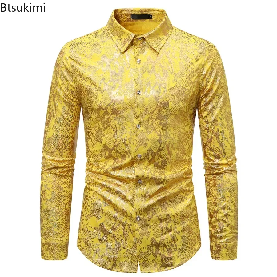 

2025 Metallic Snake Pattern Print Shirts for Men New Trend Long Sleeve Shirts Male Stylish Stage Prom Night Club Tops Streetwear