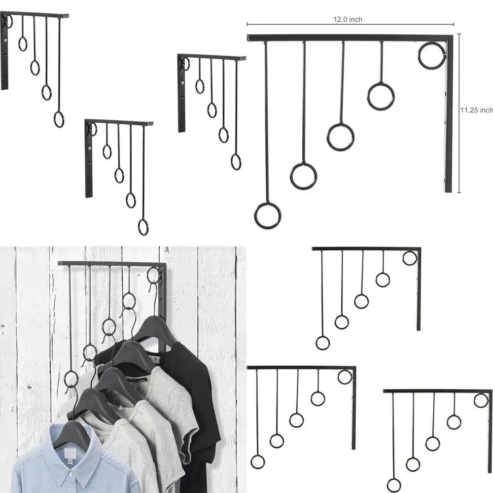 

Стильная черная металлическая настенная полка с 5 вешалками для одежды, идеально подходит для розничных дисплеев и домашнего хранения.