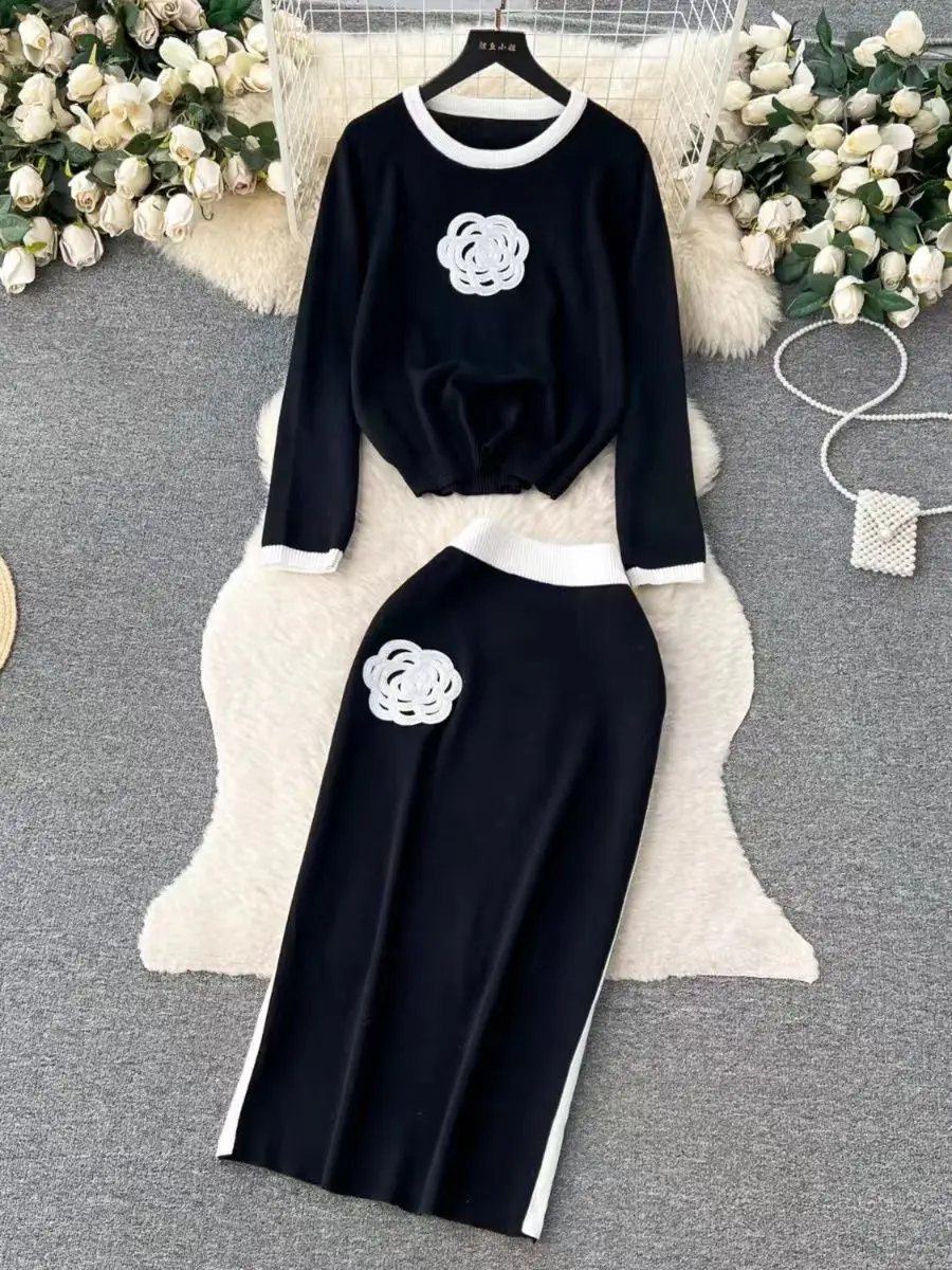 Two-Piece Round Neck Loose Floral Design Knitted Suits O Neck Loose Pullover+Skirt Korean Women Autumn Casual Sweater Sets