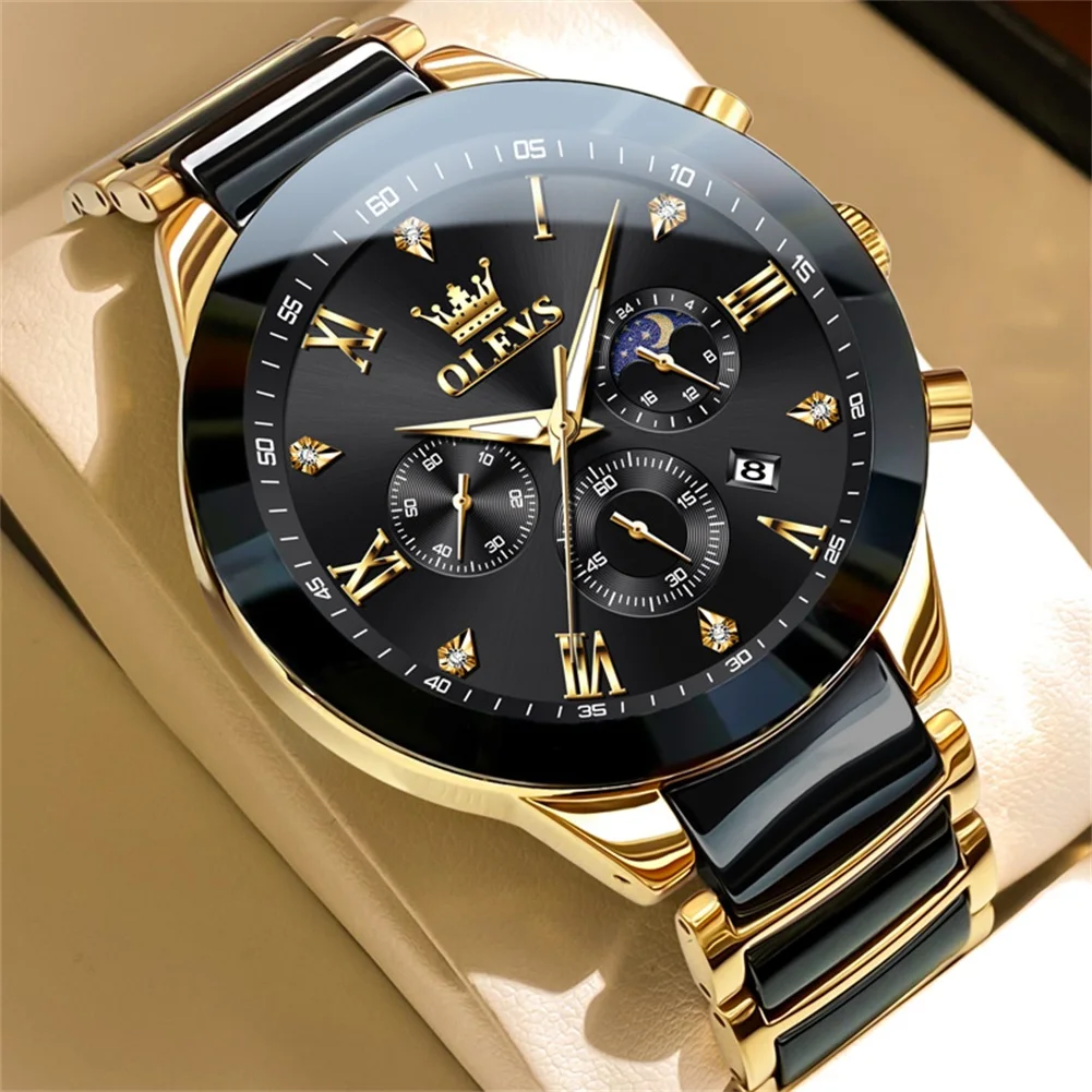 OLEVS Men\'s Watches Classic Fashion Original Quartz Male Wristwatch Multifunctional Chronograph Moon Phase 24 Hour Date