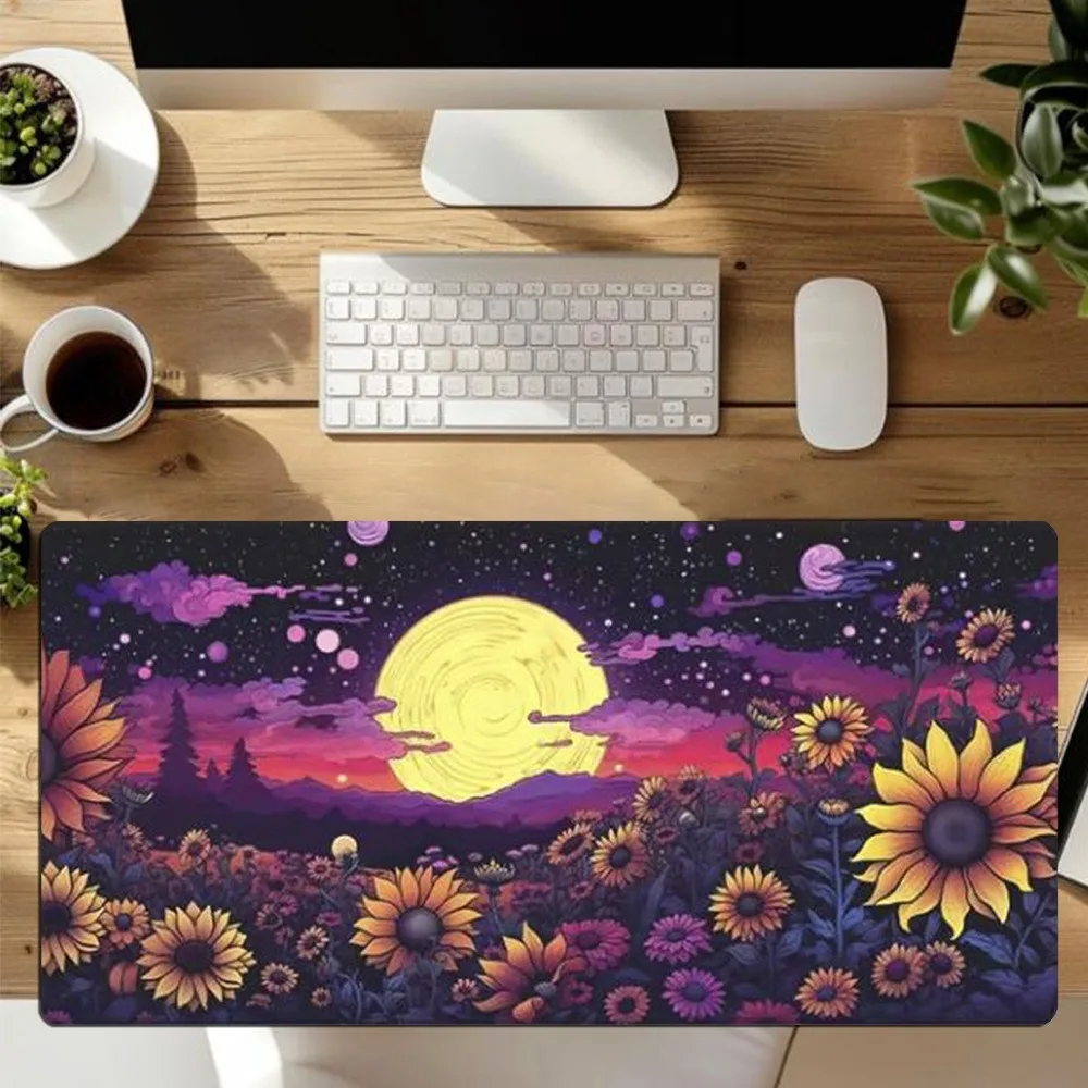 Tapis de souris avec motif de fleurs, de tournesols et de lune, tapis de clavier antidérapant, organiseurs de bureau et plateaux, tapis de souris grande taille