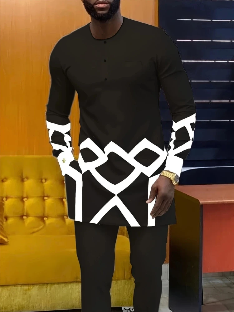 

Men's Casual Long-Sleeved Two-Piece Set: Mid-Length Top and Trousers