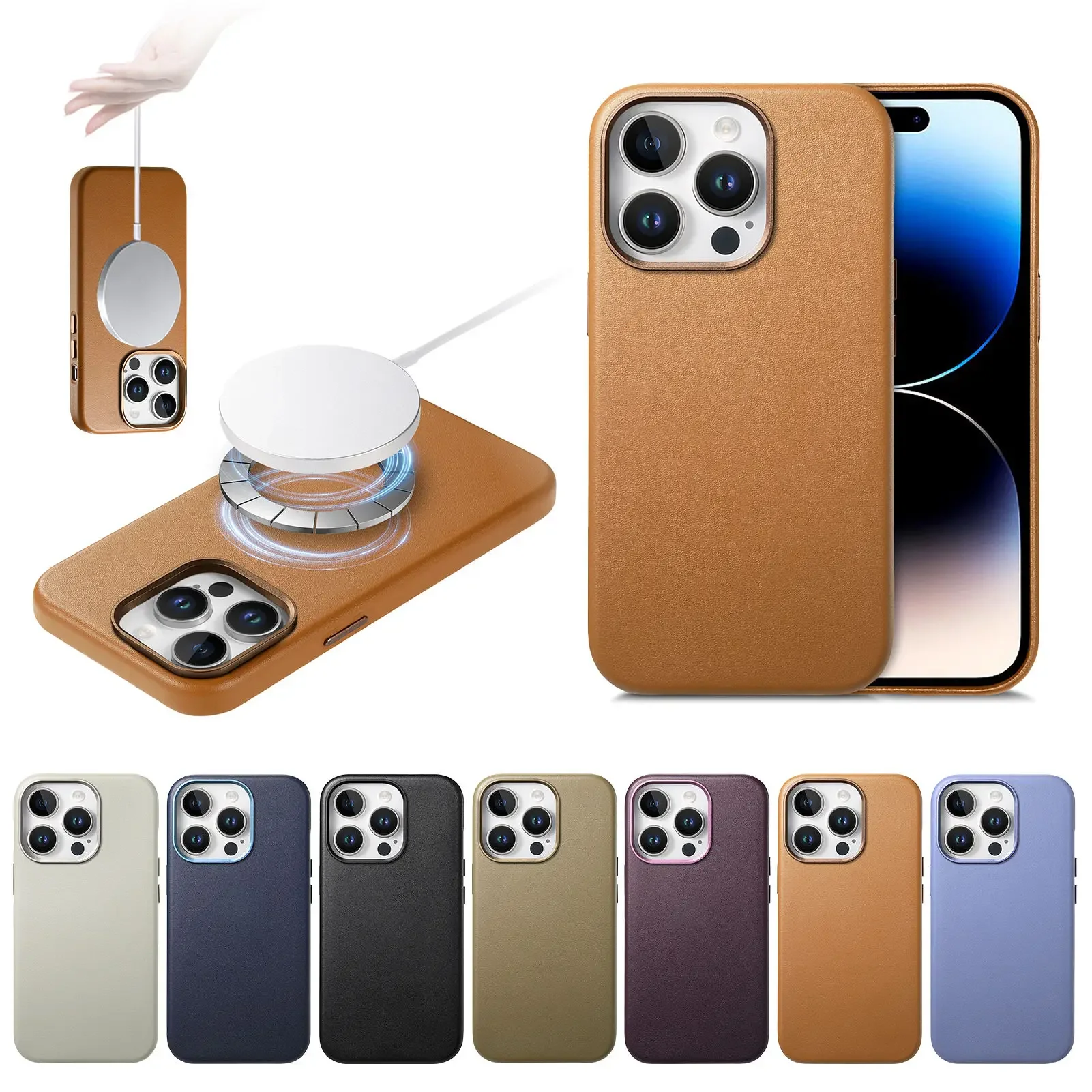 Magnetic Leather Case for iPhone 16 Pro Max 15 Plus 14 13 Metal Button For Magsafe Wireless Charging Shockproof Back Plain Cover