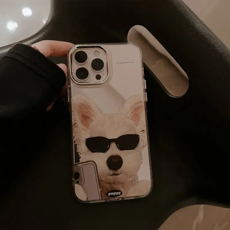 Adequado para iphone 15 14 13 12 pro max criatividade personalizado moda bonito gatinho e filhote de cachorro reflexivo volta acrílico caso de telefone