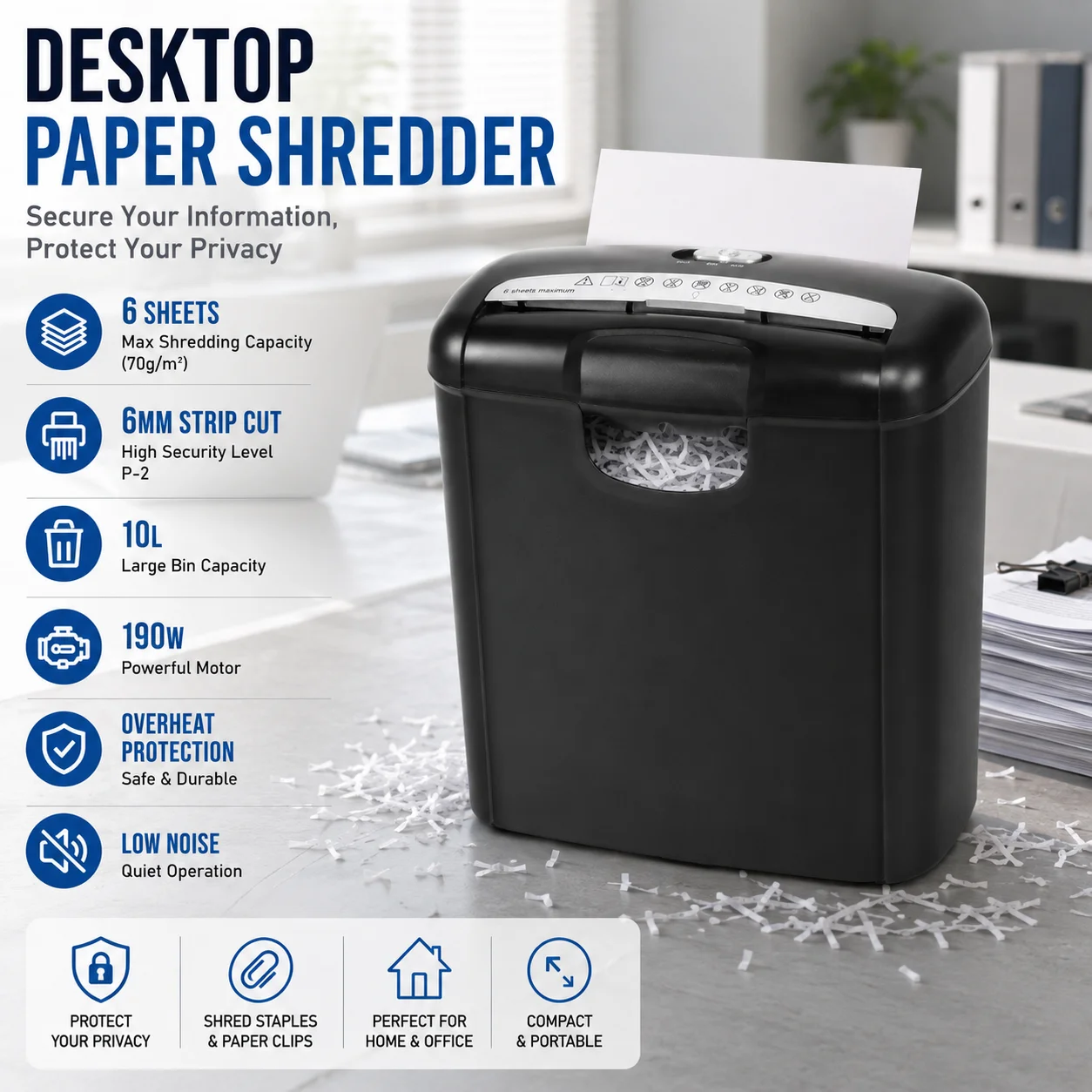 Mini déchiqueteuse de papier électrique 190W, déchiqueteuse de documents à coupe en bande de 6 feuilles avec bac de 10L, machine de déchiquetage de bureau pour usage domestique et professionnel
