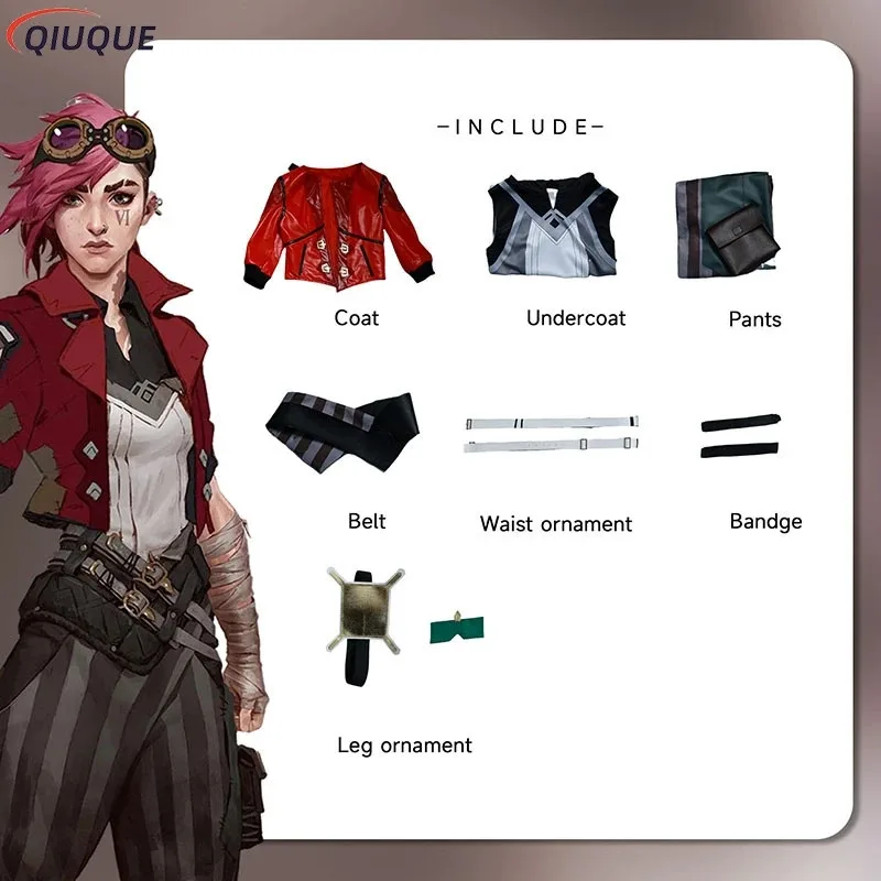Vi Acrane Game LOL Costume Red Short Leather Coat Set Anime Arcane Vi Cosplay Wig Shoes Outfits Halloween Carnival Suit cm;5