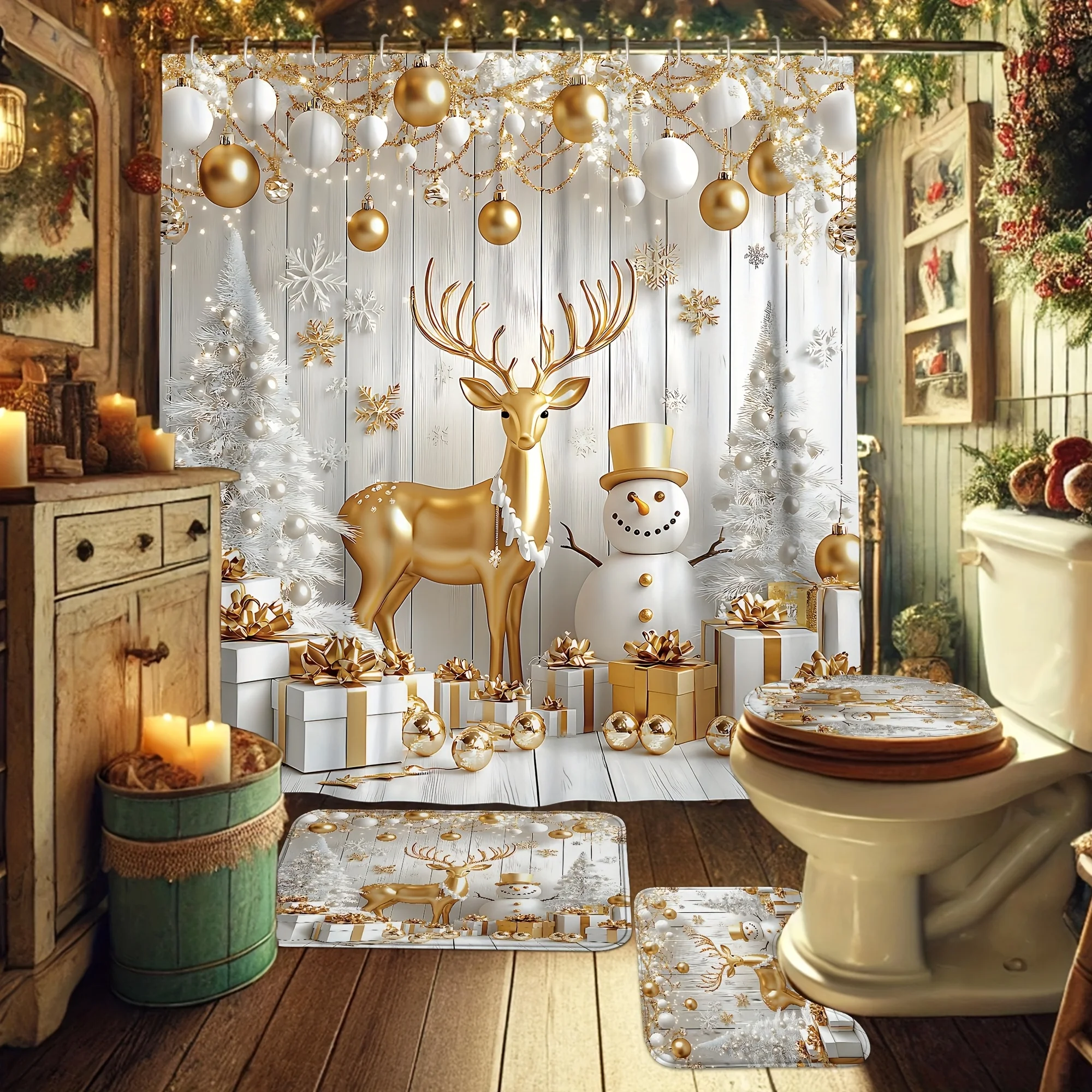 4Pcs Xmas Shower Set, Gold White Tree Deer Snowman Design, Holiday Bath Decor, 12 Hooks, Non-Slip Mat, U-Shaped Toilet Cover