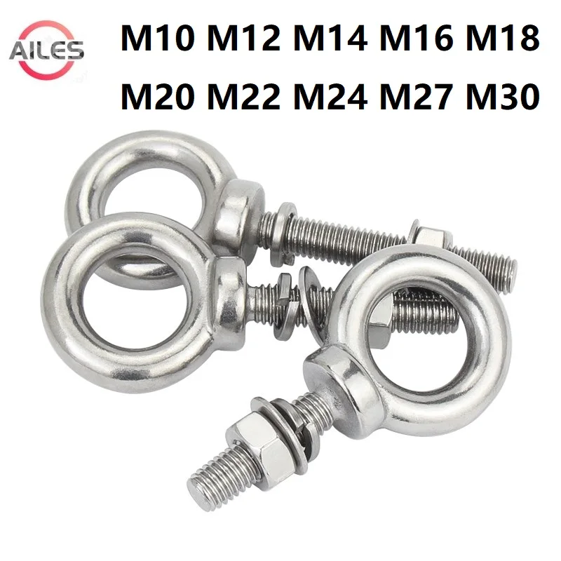 

304 Stainless Steel M10 M12 M14 M16 M18 M20 M22 M24 M27 M30 Eyebolts with Nut Washer Marine Lifting Eye Ring Screws Set