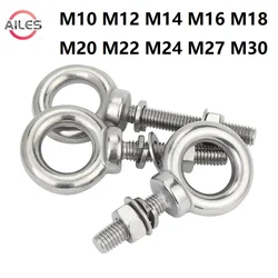 304 Stainless Steel M10 M12 M14 M16 M18 M20 M22 M24 M27 M30 Eyebolts with Nut Washer Marine Lifting Eye Ring Screws Set