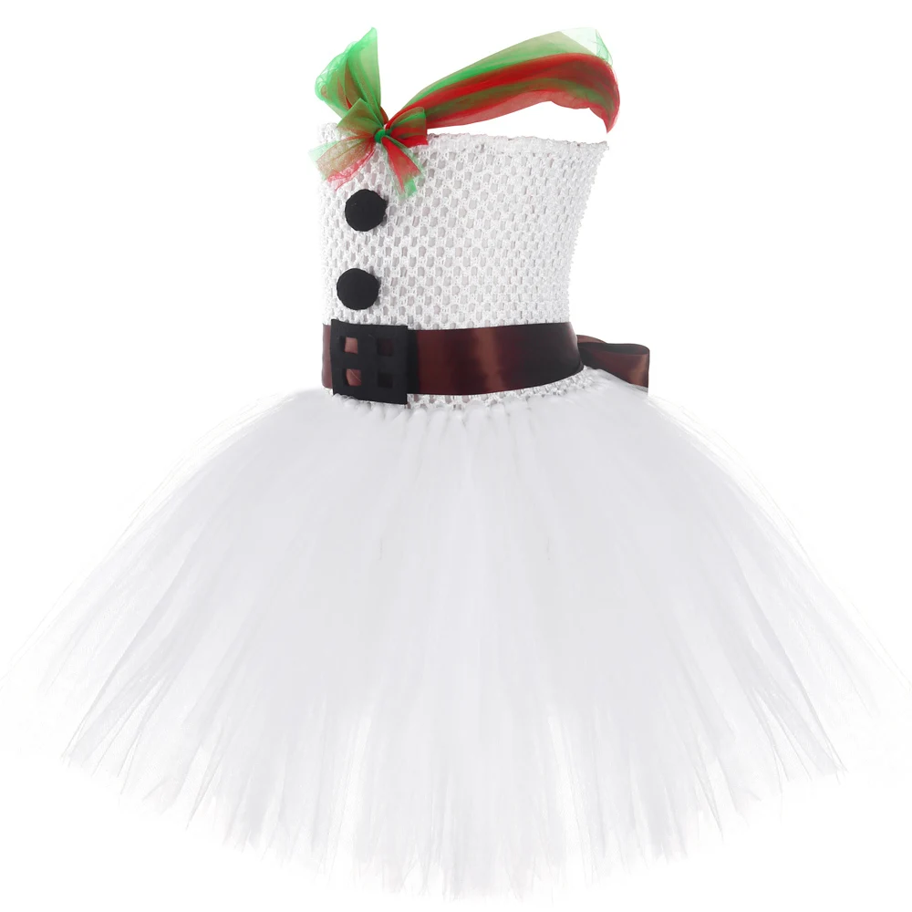 White Snowman Christmas Costumes for Girls Xmas Party Dresses Gift for Kids New Year Outfit Princess Ballet Tutus with Hat Scarf 3