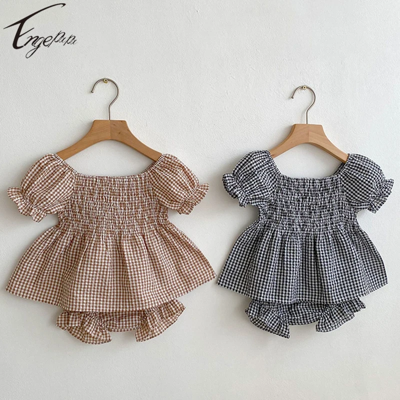 0-3Yrs Infant Girls Suit Short Sleeves Top+Bread Shorts 2pcs Korean Style Toddler Girls Plaid Casual Princess Summer Clothes