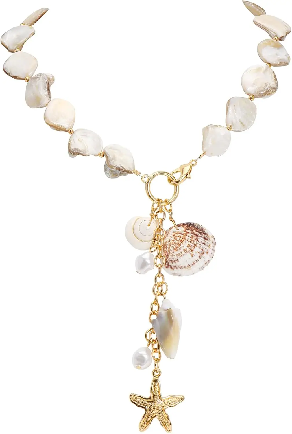 

Statement Shell Bib Choker Necklace for Women Chunky Natural Freshwater Shell Conch Starfish Pearl Pendent Costume Collar Beach