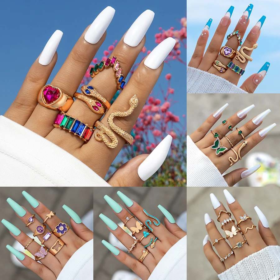 Colorful Crystal Snake Shape Ring Set For Women Fashion Butterfly Heart Gold Color Geometric Rings Female Wedding Finger Jewelry