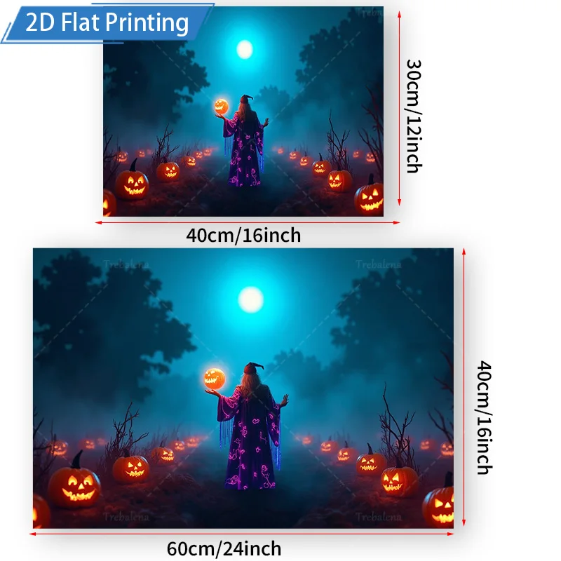 قطعة واحدة من نسيج الجدار المزخرف على شكل يقطين الهالوين - مشهد ليلي مخيف مع اكتمال القمر والساحرة