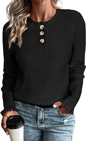 Temperament Commuter Casual Women's 2023 Autumn/Winter Round Neck Wooden Ear Collar Long Sleeve Loose Top