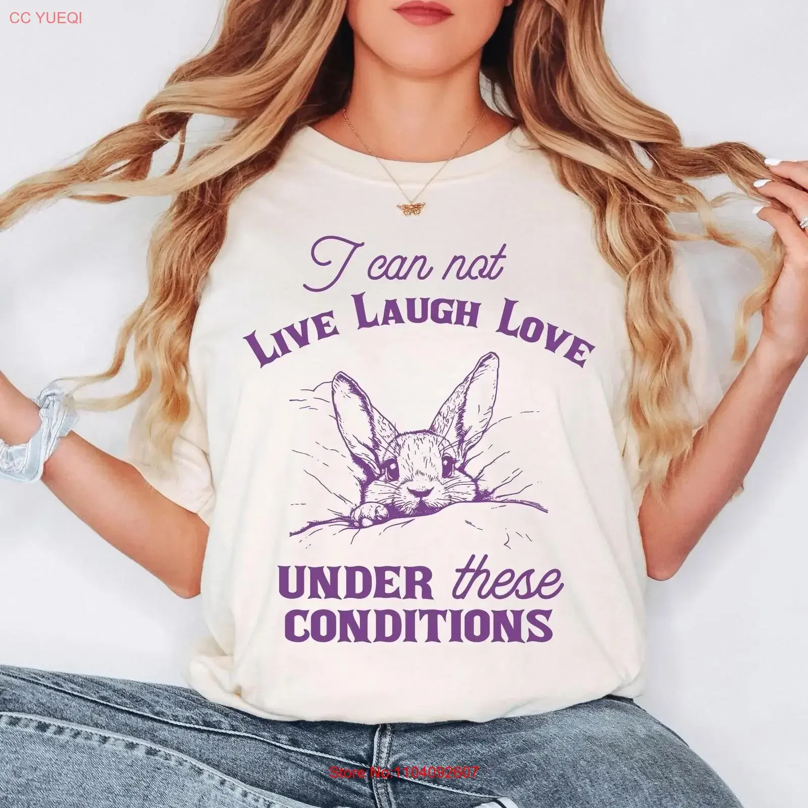 Camiseta con la frase 'No Puedo Vivir, Reír, Amar en Estas Condiciones', diseño de conejito divertido, salud mental, cita sarcástica, animal lindo, estilo vintage lavado
