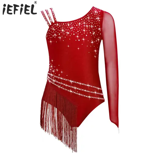 Leotardo de gimnasia de Ballet para niñas, mono con flecos y diamantes de imitación, mono con borlas irregulares para patinaje artístico, actuación de baile