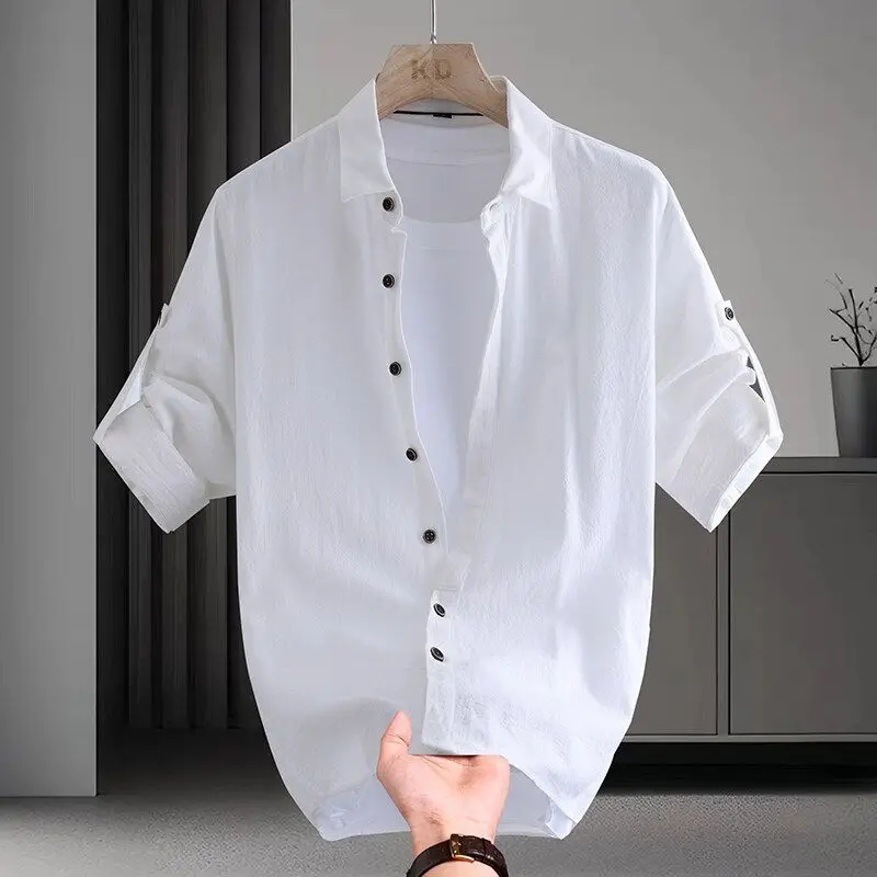 반팔 셔츠 남성 여름 블루 얇은 통기성 캐주얼 다용도 셔츠 남성 단색 중간 소매 셔츠