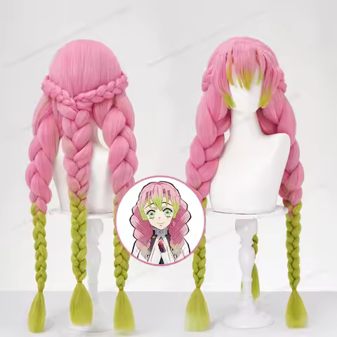 Anime Mitsuri Kanroji Cosplay Synthetic Wig 80cm Long Pink Green Braid Heat Resistant Women Hair High Quality Puffy Yaki Wigs