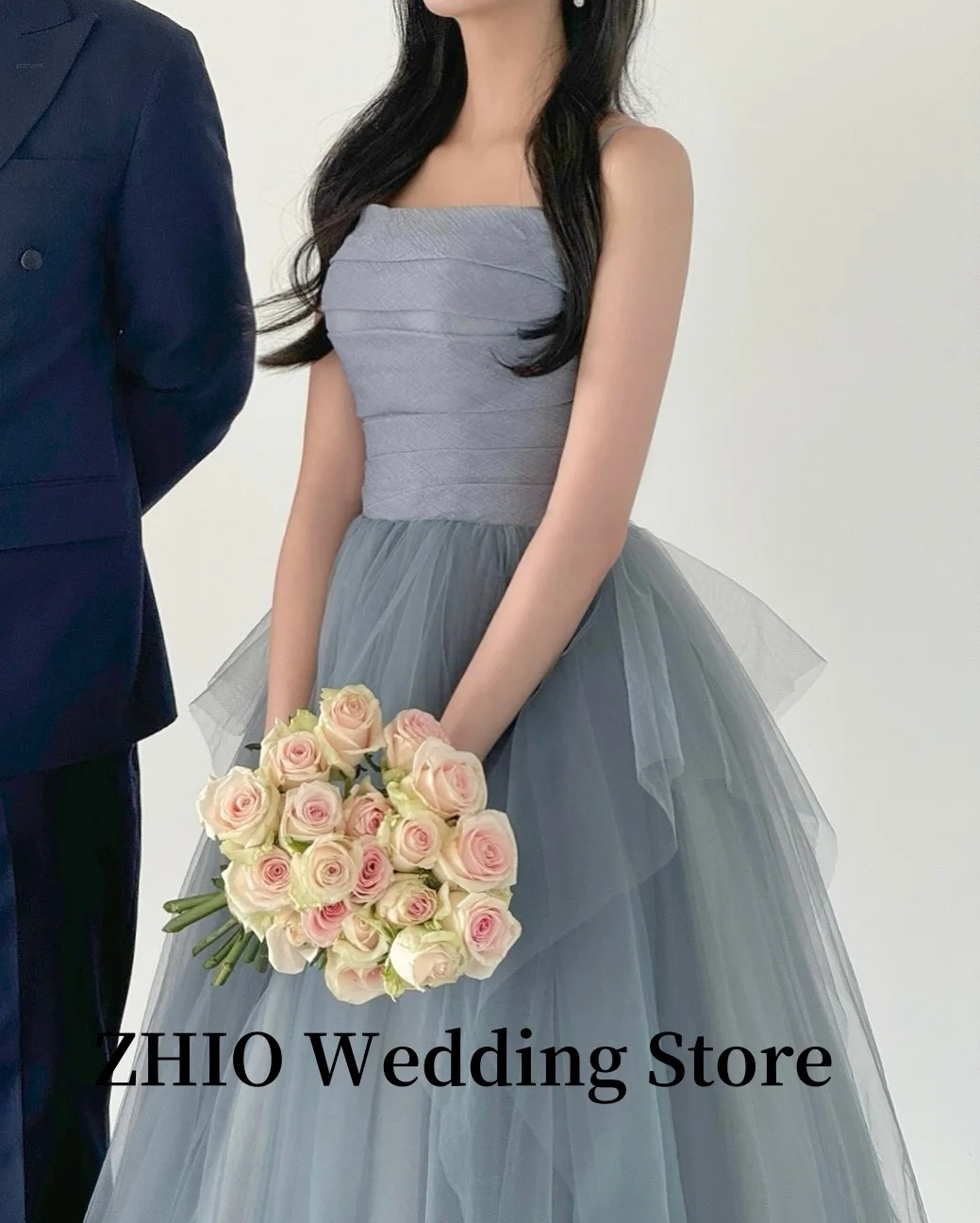 ZHIO Dusty Blue Tulle Wedding Party Dresses Korea Photo shoot A Line Spaghetti Straps Evening Gowns Formal Occasion Customized
