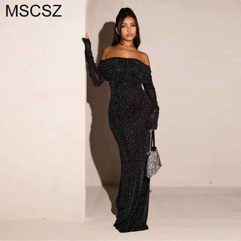 

MSCSZ Black Off Shoulder Maxi Dress Women Sexy Backless Long Sleeve Long Dress Elegant Sequin Formal Evening Gown