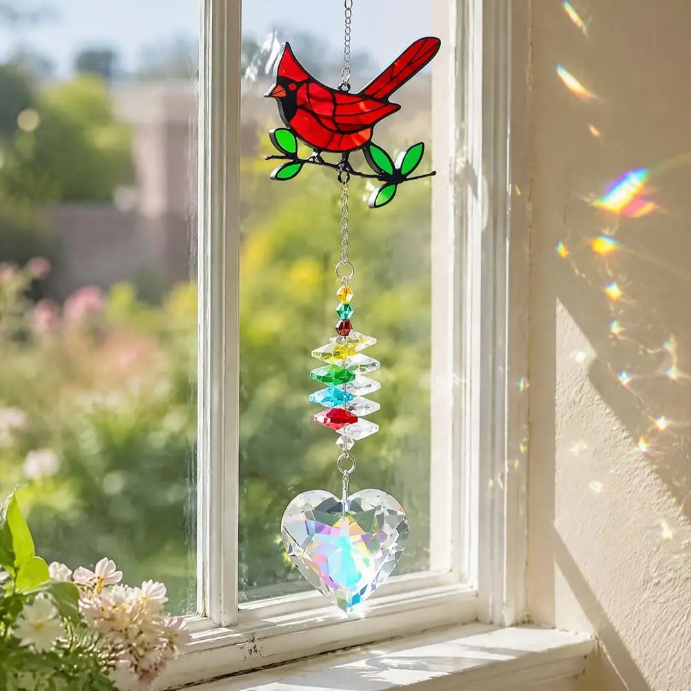 Faux Crystal Red Bird Suncatcher with Chain Window Hanging Ornament with Prism Heart Pendant Colorful Rainbow Maker for Garden