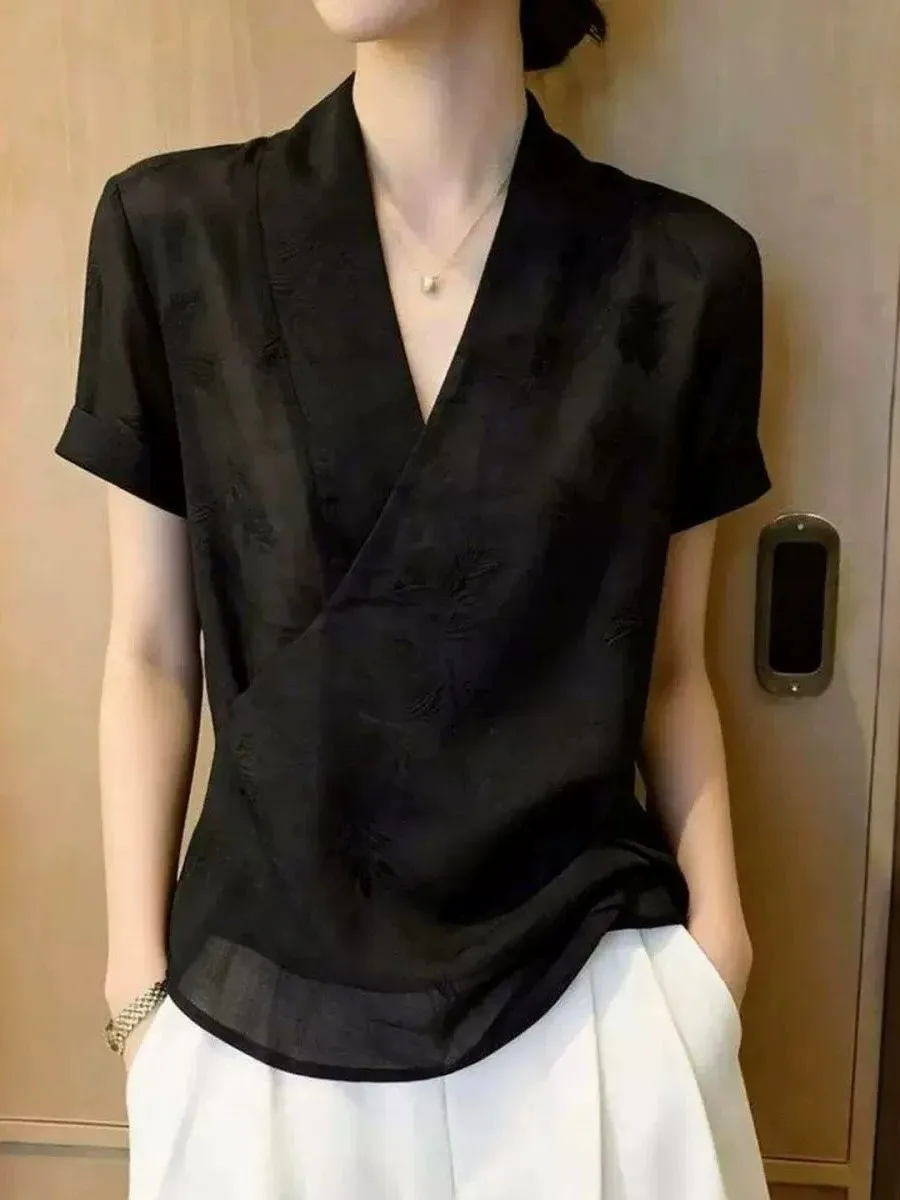 Elegant Commuter Style Women's Shirt V-Neck Cross Short Sleeve Summer New Design Sensation Slimming Ins Casual Loose Fit