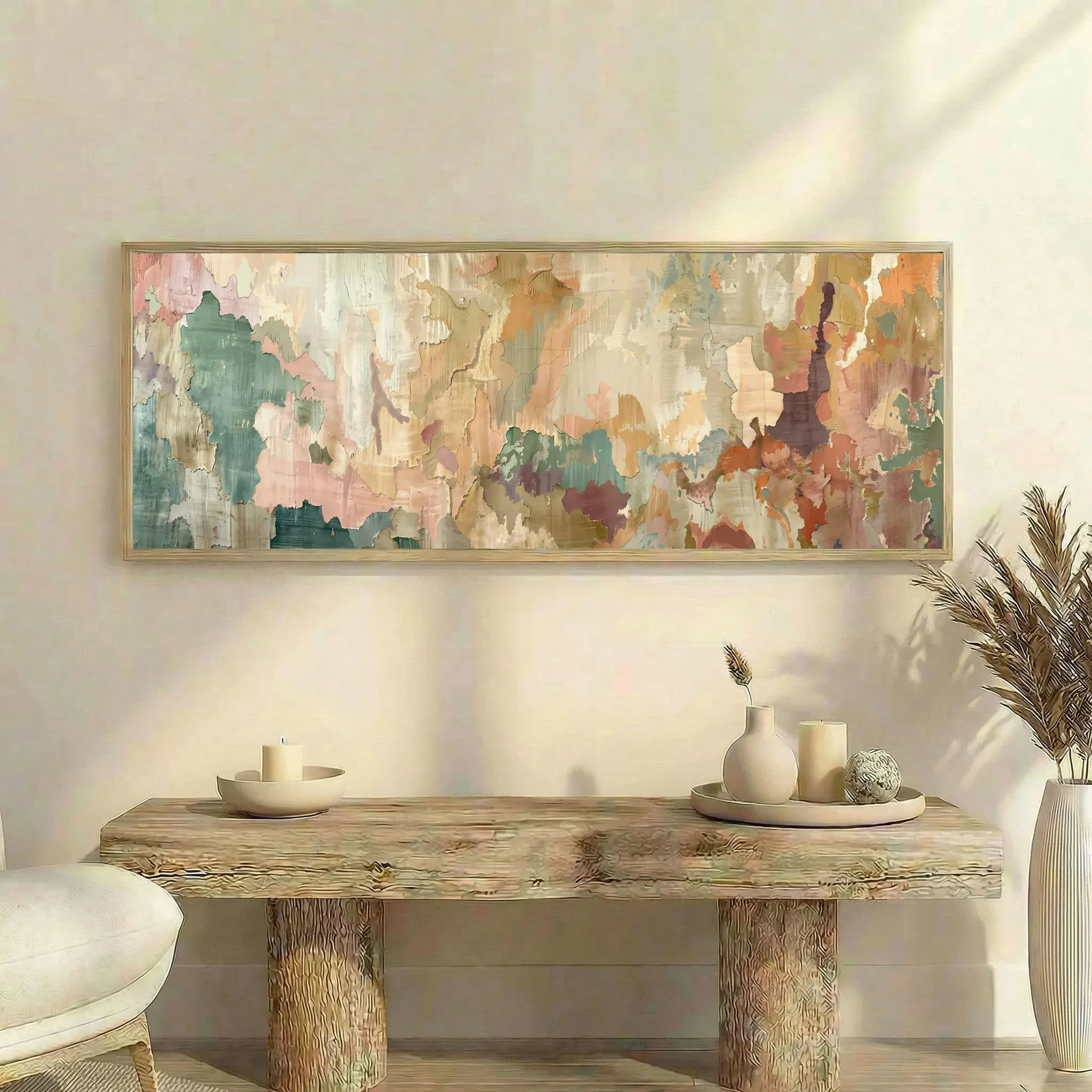 Horizontal Abstract Texture Canvas Wall Art,Muted Morandi Color Block Impasto Print,Wabi‑Sabi Modern Living Room Sofa Home Decor