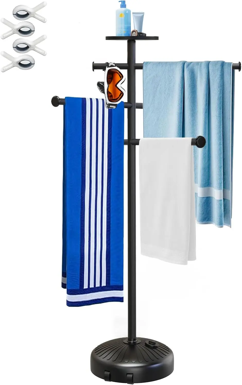

Pool Towel Rack with Wheels for Indoor Outdoor Use, 63 Inch Towel Holder with Storage Tray, 6 Adjustable Bars Hot Tub Accessorie