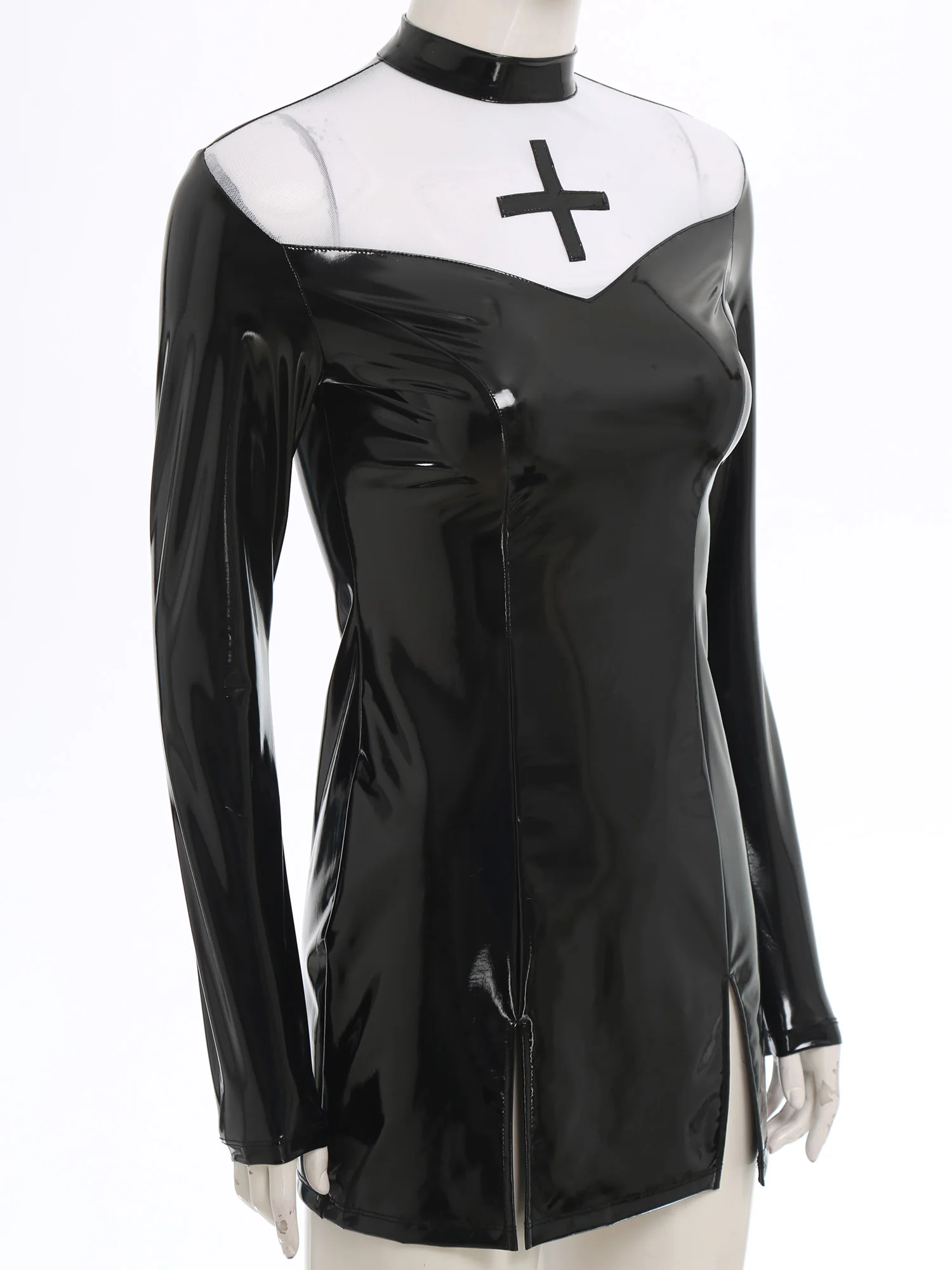 Women Patent Leather Nun Sister Cosplay Dress Long Sleeve Slit Hem Shiny Slim Fit Micro Dress for Halloween Carnival Party Dress - Image 2