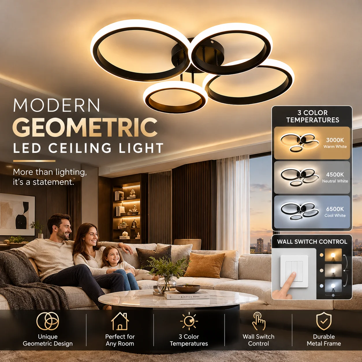 LED Flush Mount Ceiling Light, 3000K 4500K 6500K Modern Geometric Metal Ceiling Lamp for Bedroom Living Room Kitchen Dining Room
