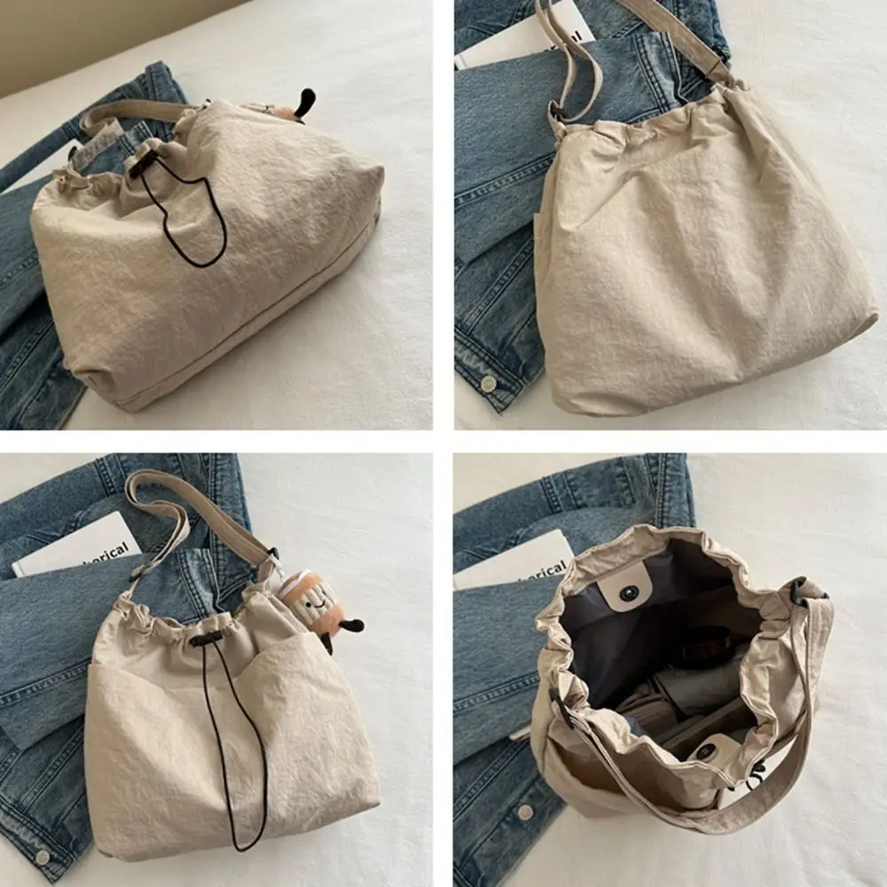 Cute Korean Style Drawstring Bucket Bag Crossbody Bag Tote Bag Nylon Shoulder Bag Solid Color Large Capacity Office Worker