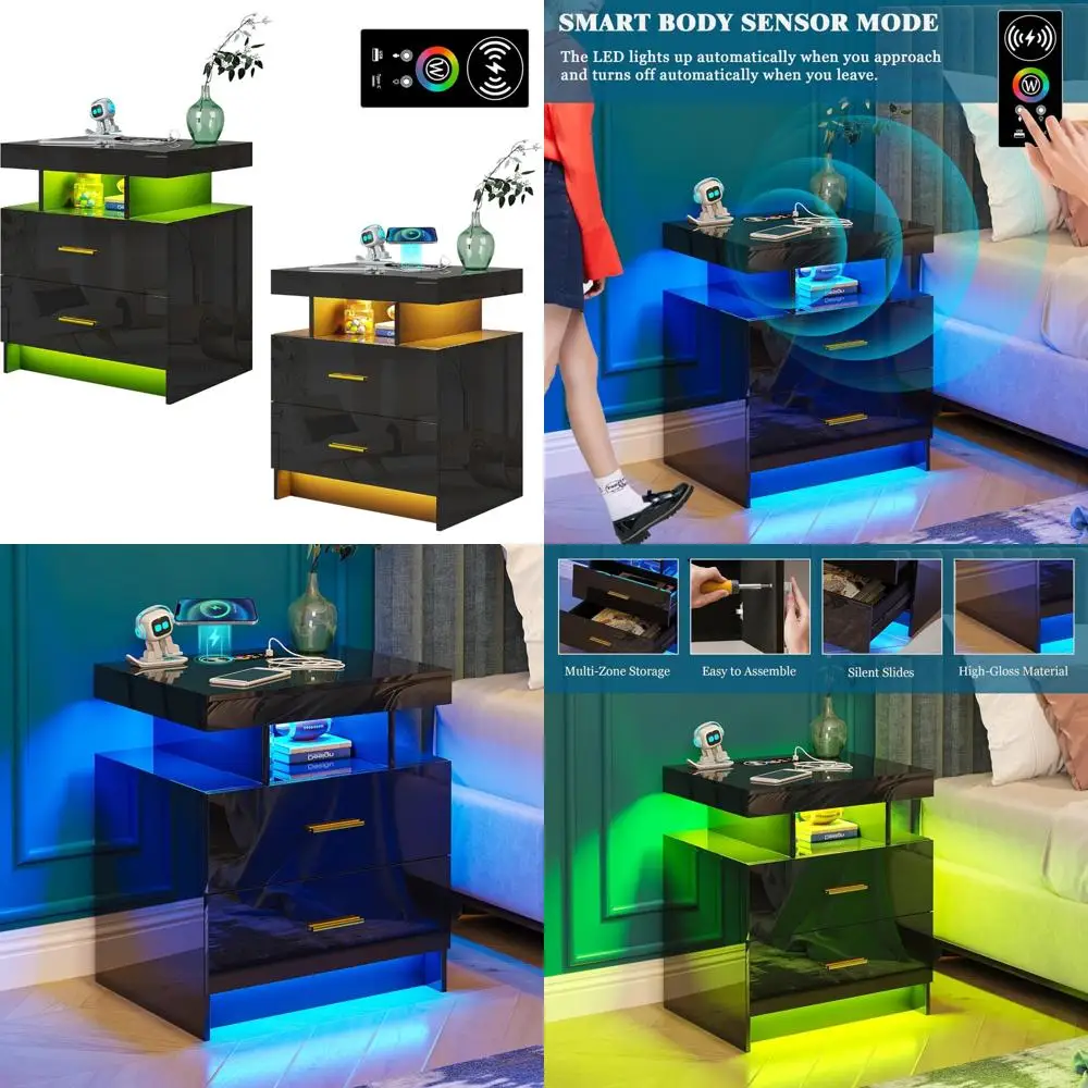 Wireless Charging Station Nightstand Set with USB/Type-C Ports, Modern LED-lit Bedside Tables for Stylish Home Decor