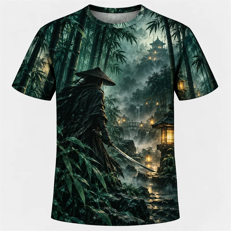 Japanese Samurai T Shirt Men Warrior Dragon Mountain Graphic Short Sleeve Vintage Ukiyo-e Art Streetwear Casual Fashion Tops