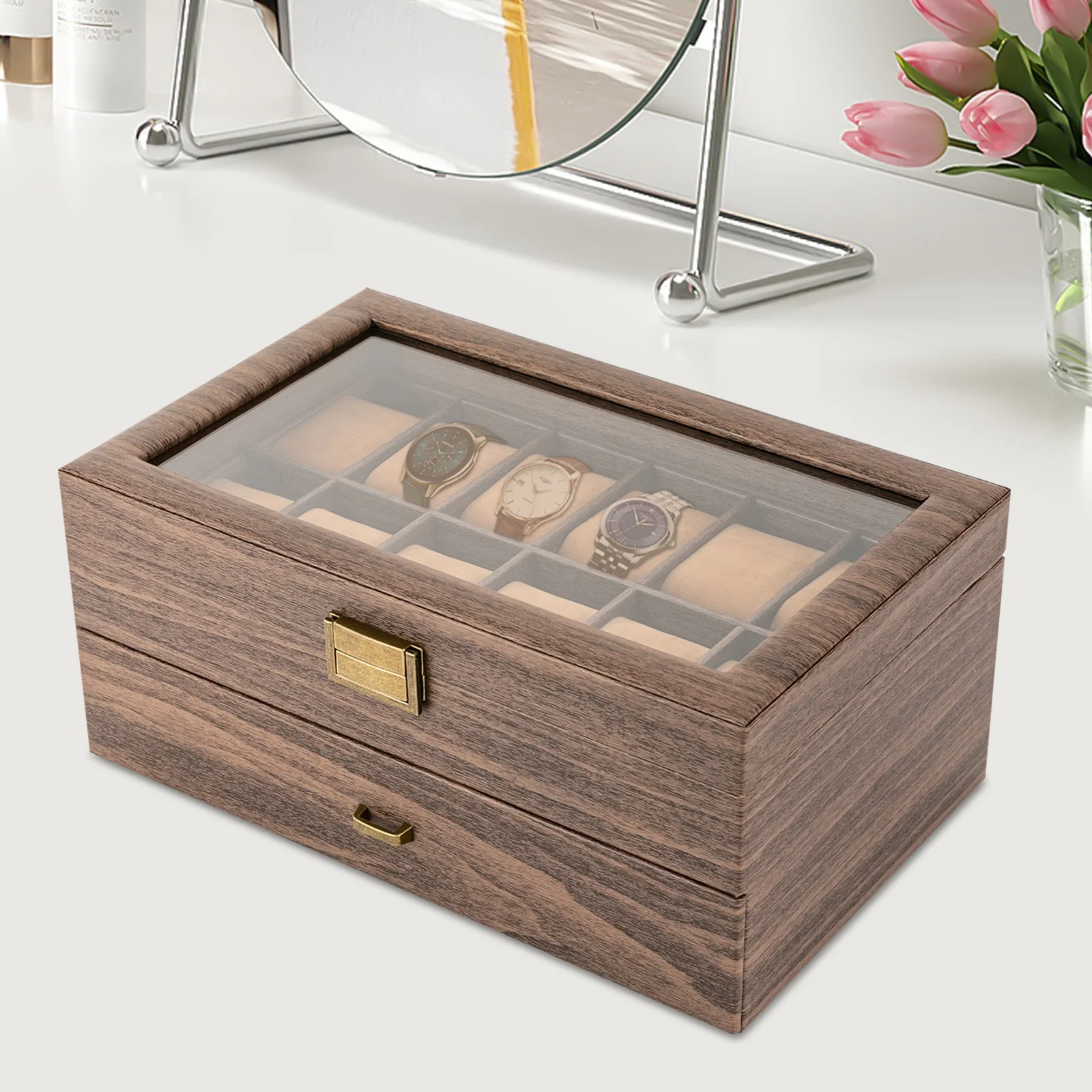 Watch Box Watch Case for Men Women Watch Holder Organizer 24 Slots Double Layer PU MDF Watch Storage Box Glass Visual Window Removable Sponge Pillows Wood Grain Lining Metal Clasp For Watches Jewelry Home Boutique Display Gift