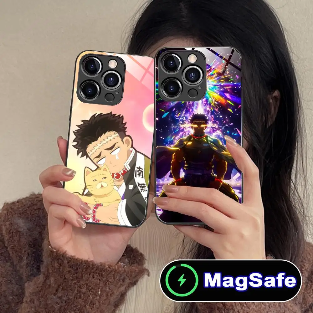 حافظة هاتف Demon Slayer Gyomei لهاتف آيفون 16 15 14 13 12 11 Pro Max Plus Mini MagSafe غطاء حماية بلون زجاجي للهواتف الذكية