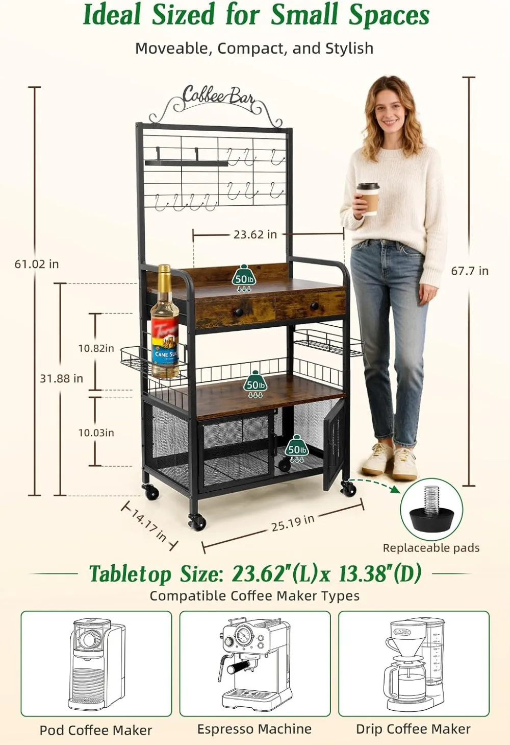 Rolling Coffee Bar Cart for Small Spaces, Coffee Station with Storage, Side Syrup Rack, Tea Pod Drawer, Magnetic Doors, Lockable Wheels view 4