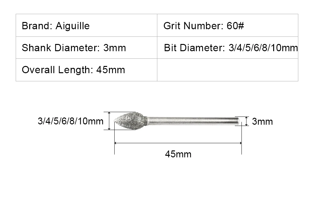 Aiguille Diamant-Wassertropfenfräser 60 # 4/5/6/8/10mm für Jade-Schnitzerei Konturformung und Schleifen – Detail 3
